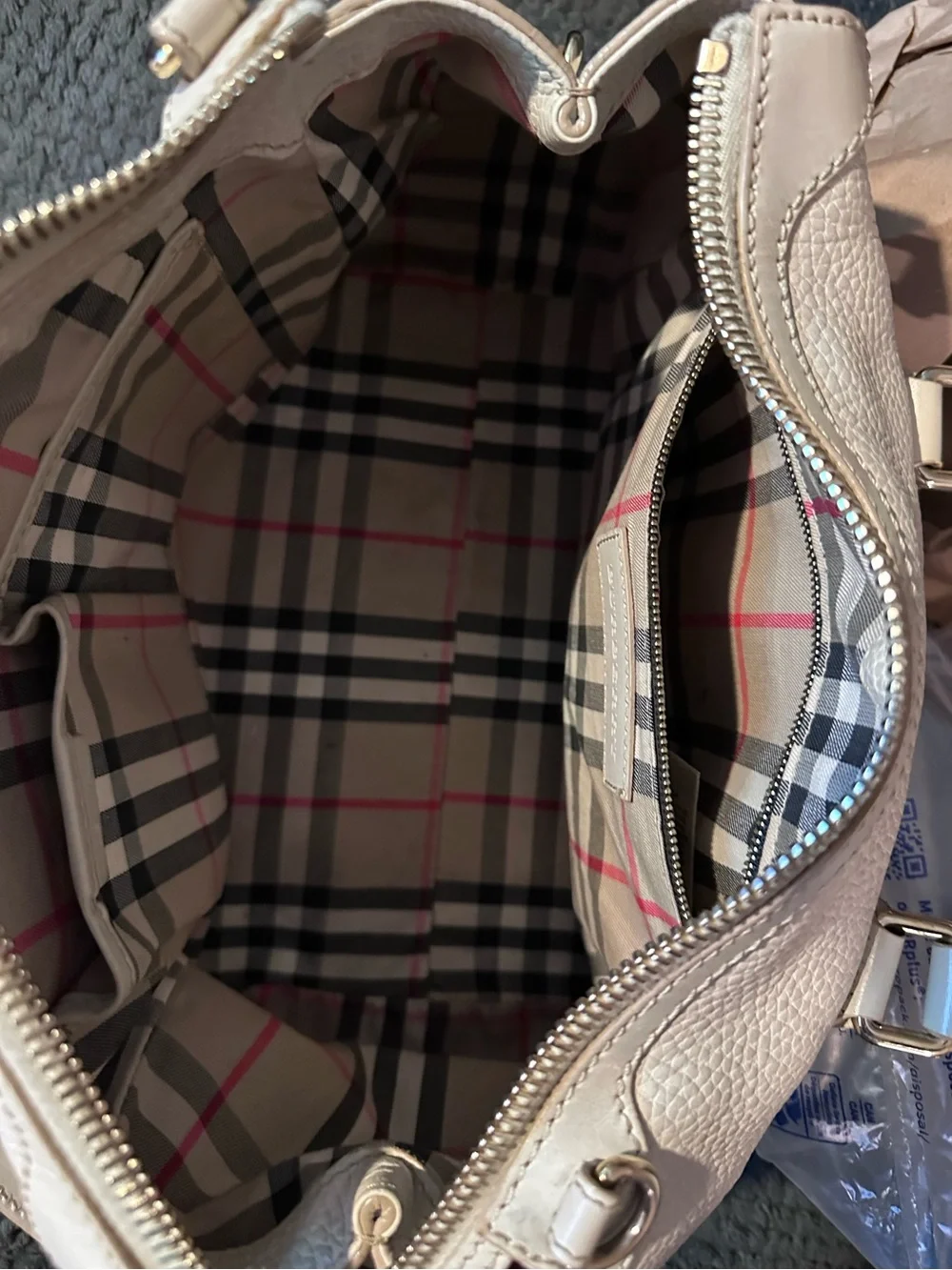 Burberry Pebbled Leather Satchel in Off-White